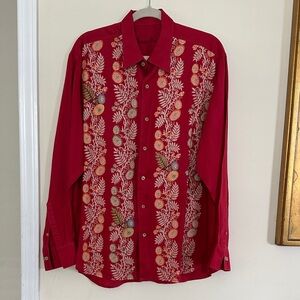 Tommy Bahama 100% Linen Red Embroidered Floral Button-Down Shirt, L